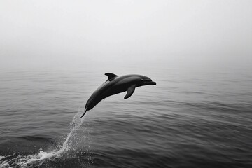 Fototapeta premium Dolphin Leaping from Tranquil Waters in Black and White