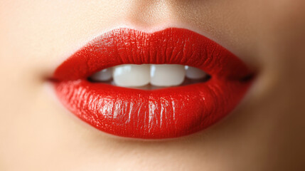 Close up of vibrant red lips with glossy finish, showcasing perfect smile and healthy teeth, exuding confidence and allure