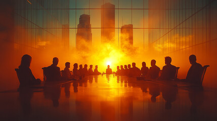 Business professionals engaged in an office meeting discussing strategies with focus on collaboration, teamwork, decision-making, and leadership in a modern corporate environment
