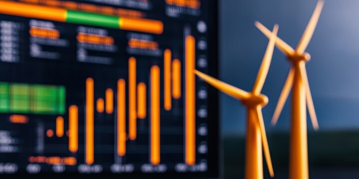 Futuristic Wind Turbines with Dynamic Financial Data Visualization for Renewable Energy Investment and Sustainability Analysis Promoting Clean Energy Solutions