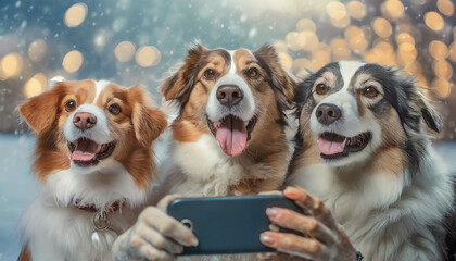 A joyful dog and cat posing together on a wooden table in a cozy indoor setting during golden hour