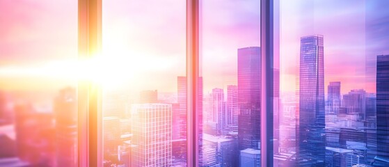Golden Hour Cityscape: A warm autumn sunset casts a golden glow over a modern cityscape, seen through a window.  The image evokes a sense of tranquility and peace. 