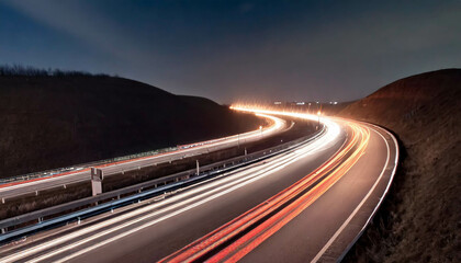 A winding road stretches through vibrant green hills at sunset with vibrant lights illuminating the road ahead