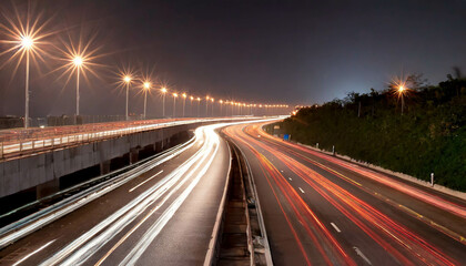 A vibrant red car drives along a winding road at night, surrounded by colorful lights and dramatic clouds