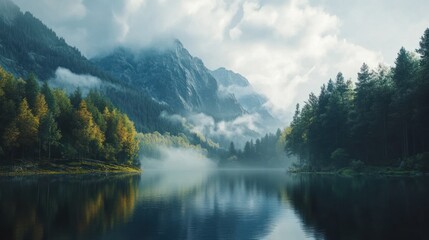 Misty morning view of a serene mountain lake with lush trees and a picturesque view of the surrounding mountains.
