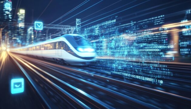 Abstract background of a blurred high speed train with digital symbols for fast data transfer