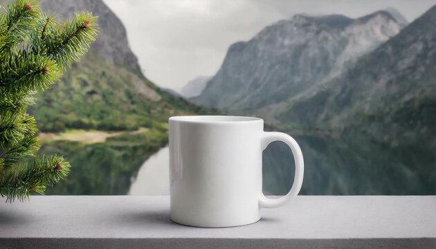 A steaming cup of coffee sits on a wooden surface surrounded by lush greenery and mountains in the background during a serene afternoon