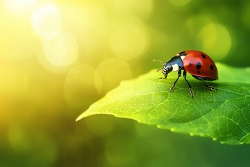 Obraz premium Close-Up of a Ladybug on a Leaf with Soft Sunlight Background