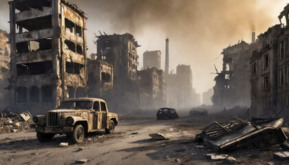 A deserted urban landscape features crumbling buildings and debris scattered across the ground, illuminated by a dramatic sky filled with rain, creating a sense of desolation.