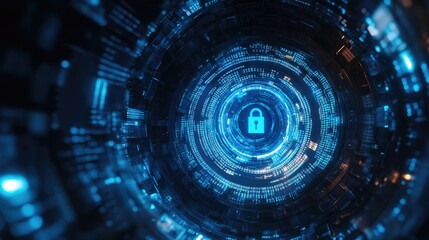 Obraz premium Futuristic Digital Security Concept with a Circular Tunnel Displaying a Lock Icon Surrounded by Advanced Data Streams and Blue Light Effects