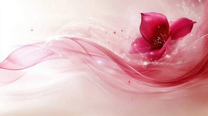 beautiful pink flower surrounded by flowing abstract waves and soft light, creating serene and elegant atmosphere