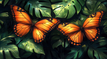 Vibrant orange butterflies resting on lush green leaves create stunning natural scene. intricate details of butterflies wings contrast beautifully with foliage