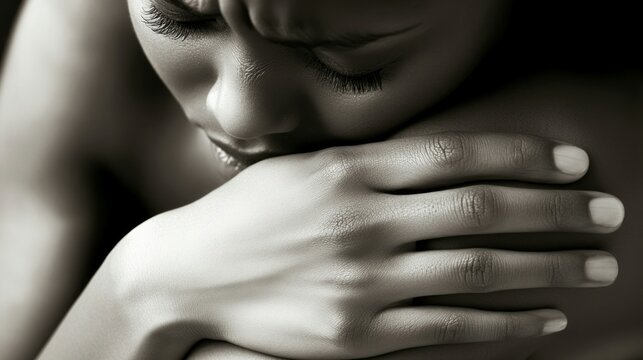 Teeth problem concept, collage. Unhappy middle aged woman suffering from strong tooth pain, monochrome photo with red inflamed zone, studio background