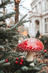 Diy pottery toy on Christmas tree. Fly agaric bauble sustainable Christmas tree decoration. Christmas zero waste , isolated on white background,  , copy space, copy space for text,