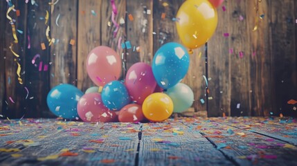 Vibrant carnival celebration with balloons, streamers, and confetti on rustic wood background