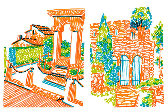 Sketch of a landscape with buildings and interest point in southeast France. Hand drawn. Colorful illustration with drawing pen.