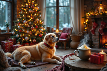Pisesek w czerwonej obroży, w tle świąteczne dekoracje: choinka, kominek, girlandy. Przytulna atmosfera Bożego Narodzenia w luksusowym wnętrzu.