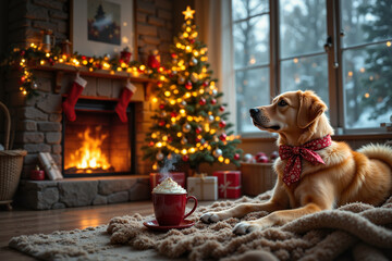 Pisesek w czerwonej obroży, w tle świąteczne dekoracje: choinka, kominek, girlandy. Przytulna atmosfera Bożego Narodzenia w luksusowym wnętrzu.