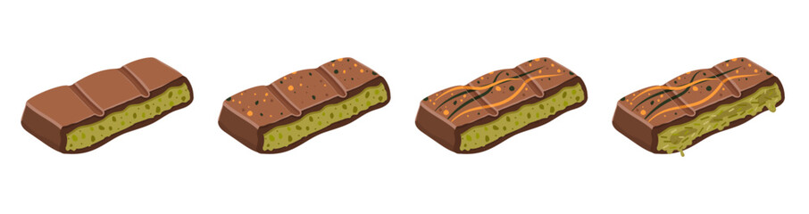 Viral Dubai chocolate vector with pistachio and kataifi dough. Vector illustration of pistachio chocolate bars green filling flavor on isolated white background