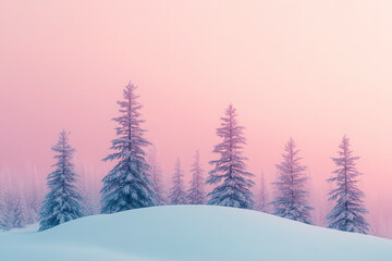Naklejka premium Serene winter landscape with snow-covered trees during twilight at a tranquil mountain setting