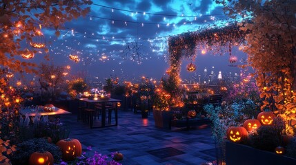 Obraz premium A rooftop party decorated for Halloween with pumpkins, string lights, and a cityscape in the background.