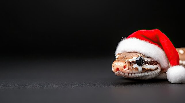 A festive ball python wearing a Santa hat poses elegantly against a black background, bringing holiday cheer with its charming presence