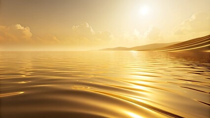 Golden sunset over serene ocean with rippling waves and cloudy sky