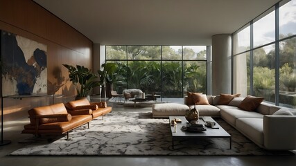 Fototapeta premium AI-generated modern house living room with French-inspired hotel-style design, blending elegance, natural elements, and luxurious materials. perfect for residence