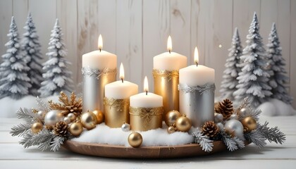 Rustic Christmas background featuring lit candles surrounded by festive ornaments, snow, and cozy decor
