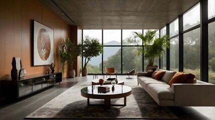 Fototapeta premium AI-generated modern house living room with French-inspired hotel-style design, blending elegance, natural elements, and luxurious materials. perfect for residence