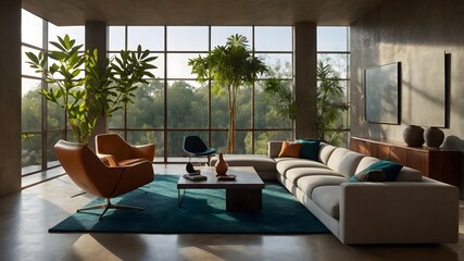 Fototapeta premium AI-generated modern house living room with French-inspired hotel-style design, blending elegance, natural elements, and luxurious materials. perfect for residence