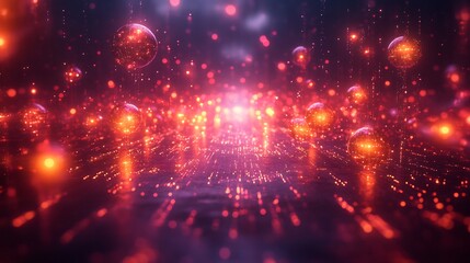 Obraz premium Conceptual visualization of digital spaces featuring glowing communication symbols vibrant pathways dynamic nodes representing collaboration