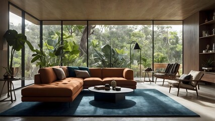 Fototapeta premium AI-generated modern house living room with French-inspired hotel-style design, blending elegance, natural elements, and luxurious materials. perfect for residence