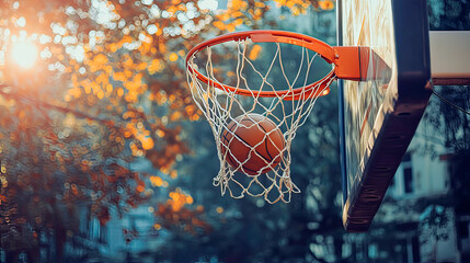 The basketball ball hit the basketball hoop