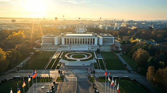 1_Aerial View of UNESCO Headquarters in Paris with Flags