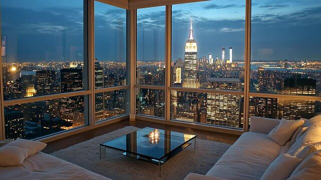 1_Chic High Rise Apartment Lounge with New York Skyline View at Night