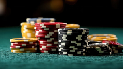 Naklejka premium Stacks of colorful poker chips on green felt table create exciting casino atmosphere, perfect for gaming enthusiasts