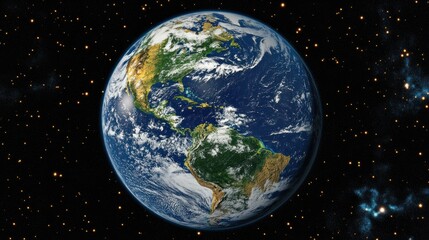 Obraz premium A detailed image of planet Earth against a backdrop of twinkling stars.