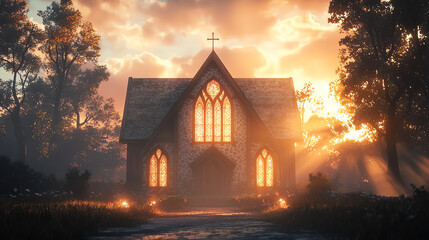 A historic church with arched windows and glowing light at sunset