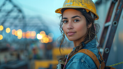 Electrician installing outdoor lighting on a building’s exterior, using a ladder and tools. The electrician is a young Hispanic woman, dressed in work gear and safety equipment.
