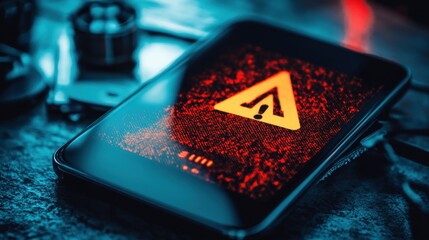 Smartphone Displaying Warning Symbol on Glitchy Screen Surrounded by Technology Elements in Dark Ambient Lighting