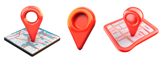 Set of red map pointer 3d icon cartoon style floating on transparent background PNG