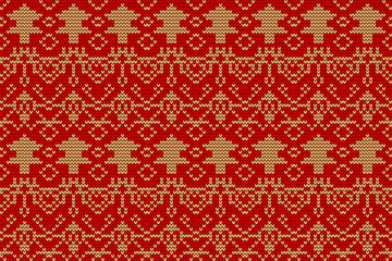 Abstract Gold And Red Christmas Knitting Pattern Background With Tree. Vector Illustration. Winter Wallpaper