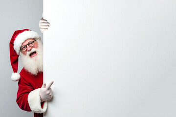 Christmas board, Santa Claus is hiding behind the white wall and peeking