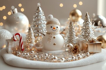Obraz premium White podium display with glass snowman and Christmas trees, silver and gold gift boxes, and candy cane, 3D rendering in a minimalistic white and gold color scheme.
