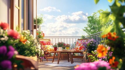 Fototapeta premium Serene Outdoor Patio with Colorful Flowers, Cozy Furniture, and Bright Sky Creating a Perfect Relaxing Space for Leisure and Enjoyment in Nature