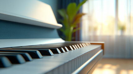 piano keyboard with blurred background showcasing the keys in focus and a sense of depth, evoking music, melody, and artistry in a serene atmosphere