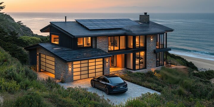 Modern coastal home with solar panels and electric car at sunset.