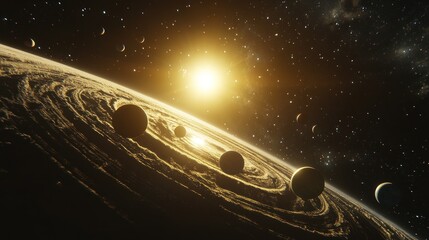 A stunning view of a planetary system with a bright sun shining on the swirling clouds of a gas giant.