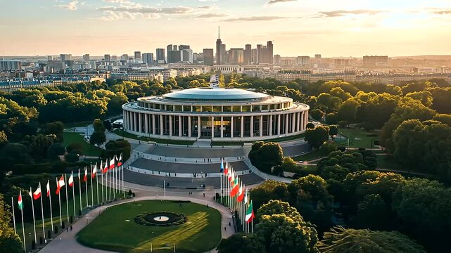Aerial View of UNESCO Headquarters in Paris with Flags